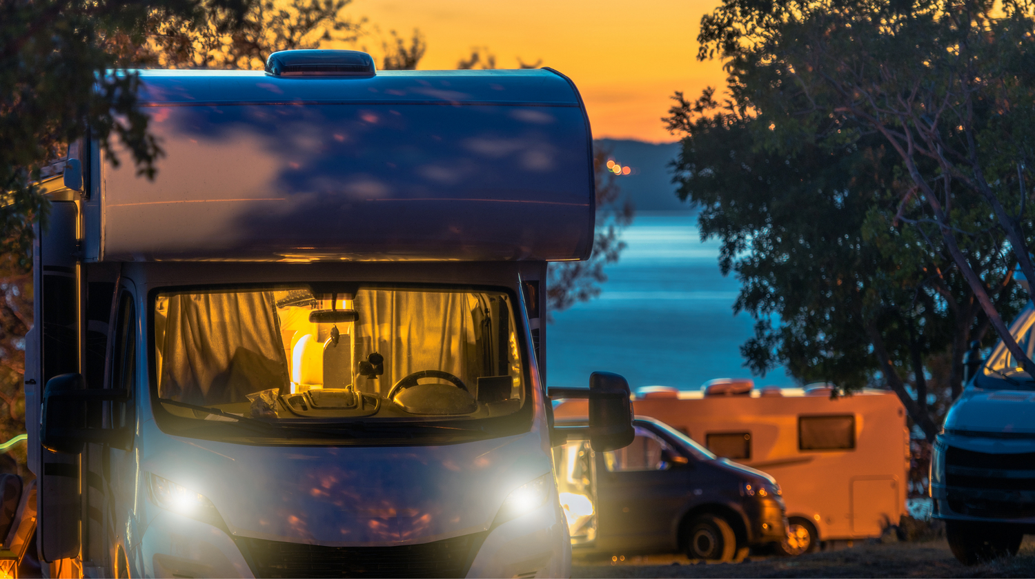 Caravan at dusk at caravan park