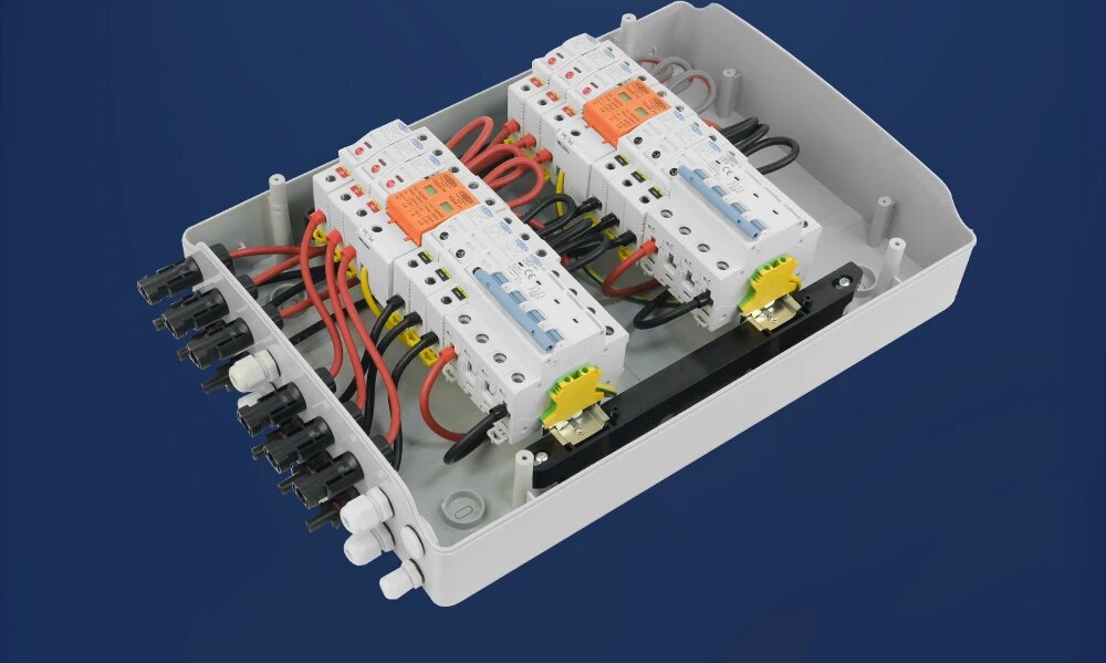 Prewired PV combiner box - 6 in 2 out