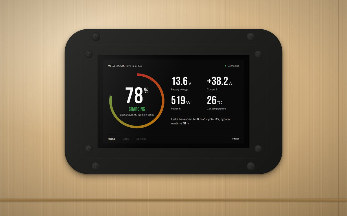 MEDA Powerview RV installed flush in a motorhome wall, charging