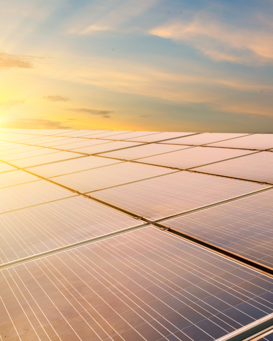 Sunrise orange bluey over large solar array